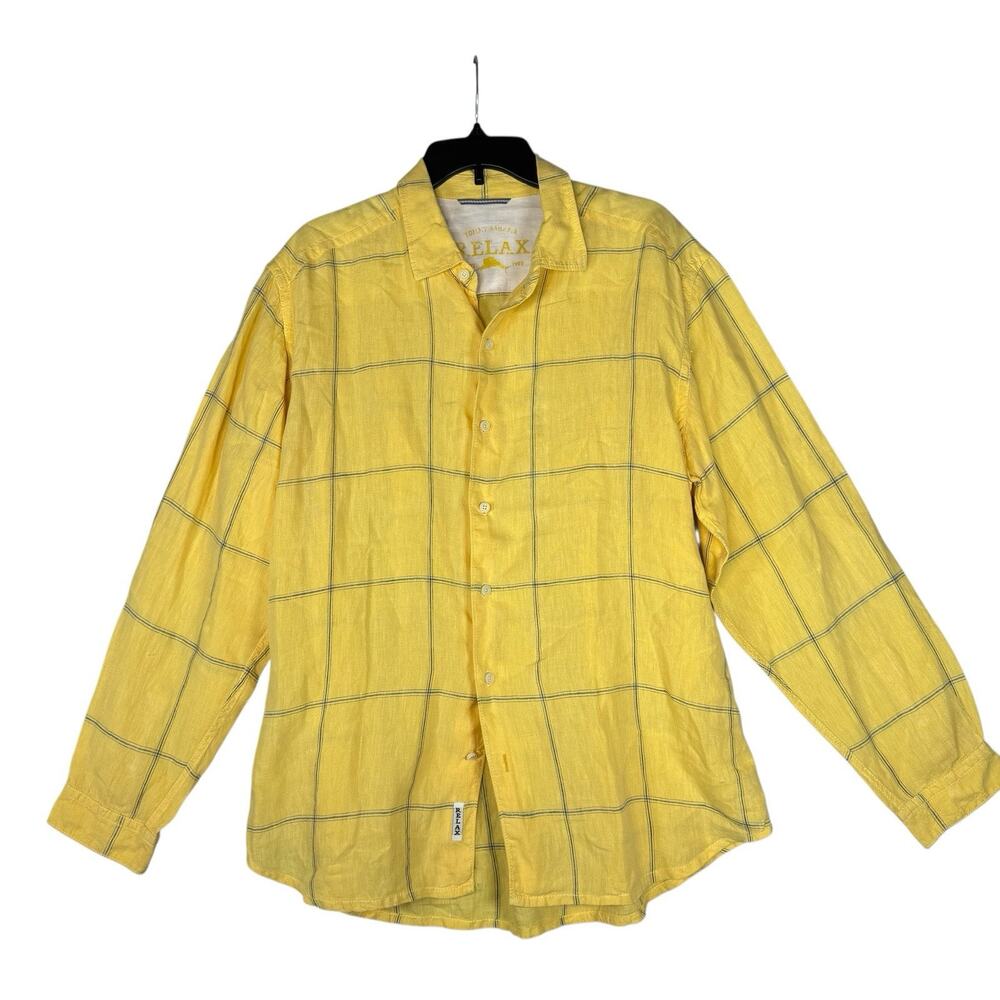 Tommy Bahama Relax Men Large Yellow checked 100% linen Button down Casual Shirts - Picture 4 of 14